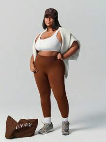 SHEIN Sports Plus Size Women Solid High Waist Skinny Seamless Slimming Sports Leggings - Mocha Brown - View 3