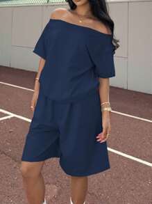 SHEIN EZwear 休闲海军蓝针织两件套，不对称领口和蝙蝠袖，2 件套短套装女士 - 藏蓝色 - 查看 3