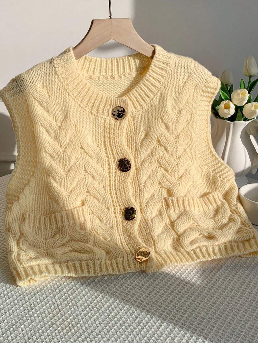 Comfortcana Cream Butter Yellow Ladies New Sleeveless Twisted Metal Button Sweater Vest Suitable For Spring, Summer, Autumn And Winter Vacation - Apricot - View 1