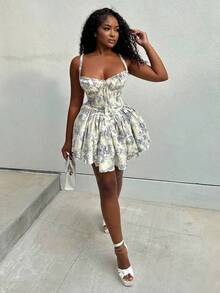 Alexandranx 夏宫风格花卉荷叶边连衣裙芭蕾风格连衣裙