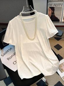 Franclia Autumn Back To School Rhinestone Decor Women T-Shirt - White - View 1