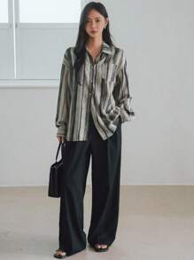 Dazy-Less 女士宽松休闲条纹长袖雪纺衬衫，适合办公室穿着，春夏秋季皆宜，商务休闲女装。 - 黑與白 - 查看 4