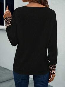 SHEIN LUNE Damen Leopardenmuster Patchwork V-Ausschnitt Drop-Shoulder Langarm Lässig T-Shirt - Verschiedenfarbig - Übersicht 2