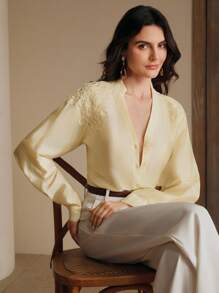 Anewsta New Design Embroidery Sense Elegant Niche Women Shirt, Butter Yellow, Spring/Summer