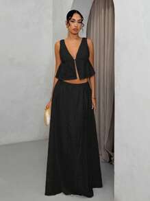 SHEIN BAE Women's Pure White Deep V-Neck Backless Tank Top & Extra Long Maxi Skirt 2 Pieces Set, For Spring/Summer, Vacation Outfit - Black - View 5