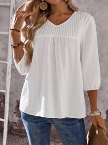 EMERY ROSE 女式纯色 V 领 3/4 袖休闲宽松夏季衬衫外出上衣女式乡村秋季基本款上衣长袖上衣女式外出上衣度假上衣 100% 纯棉上衣棉质衬衫女式 V 领衬衫女式休闲上衣白色纯棉衬衫 - 彩色 - 查看 5