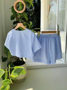 SHEIN Tween 女童格子印花圆领蝴蝶结装饰休闲短袖短款衬衫配蝴蝶结短裤 2 件套，适合返校、休闲度假和日常穿着