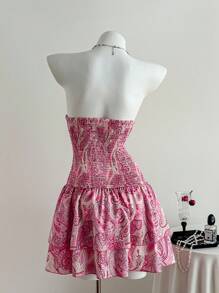 Chiquease Women Paisley Print Tiered Ruffle Bandeau Summer Vacation Dress - Baby Pink - View 2