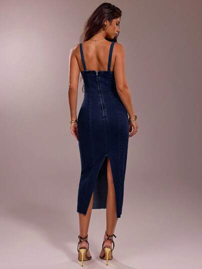 SHEIN Forever 21 Dark Blue Denim/Square Neck/Sleeveless Long Denim Dress/Formal/Back To School/Halloween/Wedding Guest/Vacation/Y2k/Beach /Cute/Teacher/Going Out/Business Casual/Elegant/Birthday/Office Outfits/Country Concert/Club/Western/Work Clothes/Streetwear/Vintage/Festival/Cocktail/Rave/Prom/Airport/Funny/Basic/Brunch Outfits/2000s Style/Bodycon/Old Money Style/Church/Homecoming/Classy/Party/Modest/Fairycore/ /Date Night/Festival/Resort Wear/Baddie/Stockholm Style/Night Out