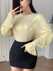 DAZY Women's Bell Sleeve Elegant Sequin Decoration Twist Knot Button Detail Long Sleeve Blouse Top, Business/Party Wear, Spring/Summer/Autumn