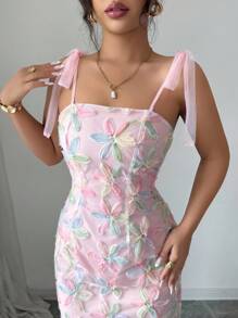 Elenzga Midi Dress With 3D Floral Mesh Straps, Elegant Bow & Slit Detail For Women