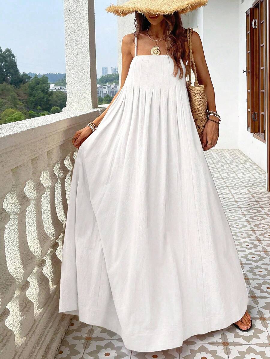 SHEIN VCAY 女士纯色宽松细肩带梭织连衣裙，春夏季 - 白色 - 查看 1