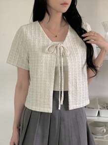 DAZY Women's Summer Textured Fabric Drawstring Plaid Short Sleeve Cropped Lightweight Casual Jacket - White - View 2