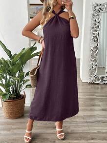 Breezaya Đầm không tay in họa tiết denim cỡ lớn cho nữ - Màu tím hoa cà - Xem 3