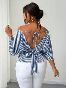 Elenzga Plus Size Blue Striped Sleeveless Shirt Dress, Cinched Waist Waist, Versatile & Elegant Fall Cloth For Women - Blue - View 2