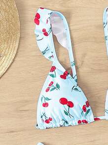 Swim Mod Women's Cherry Print Ruffle Trim Split Bikini Set, Perfect For Beach Vacation, Summer - Multicolor - View 3