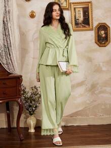 Côtesoire French Romantic Lace Patchwork Tied Pajama Set For Women Cozy And Elegant Details, Fall Winter Clothes - Green - View 5