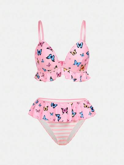 2 件彩色蝴蝶印花多巴胺设计荷叶边文胸和内裤套装，适合青少年女孩的可爱内衣