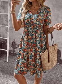 EMERY ROSE 女士花卉印花V领短袖休闲迷你连衣裙，适合节日穿着 - 彩色 - 查看 6