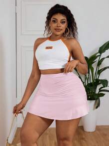 SHEIN PETITE CURVE Spring And Summer Break Solid Ruched Ruffle Hem White Skirt Pink Skort - Pink - View 3
