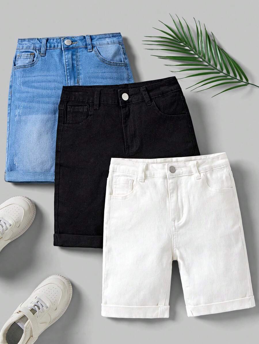 SHEIN 3条装 青少年男童百搭休闲牛仔短裤，夏季儿童牛仔短裤，儿童运动短裤，适合学校、校园、大学穿着