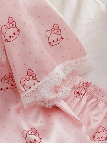 Teen Girls Pink Cartoon Kitten Print Silk Pajamas Set,Cute Summer Short Sleeve Top&Shorts With Headband,Family Matching Holiday Home Outfit Pjs Set - Pink - View 7