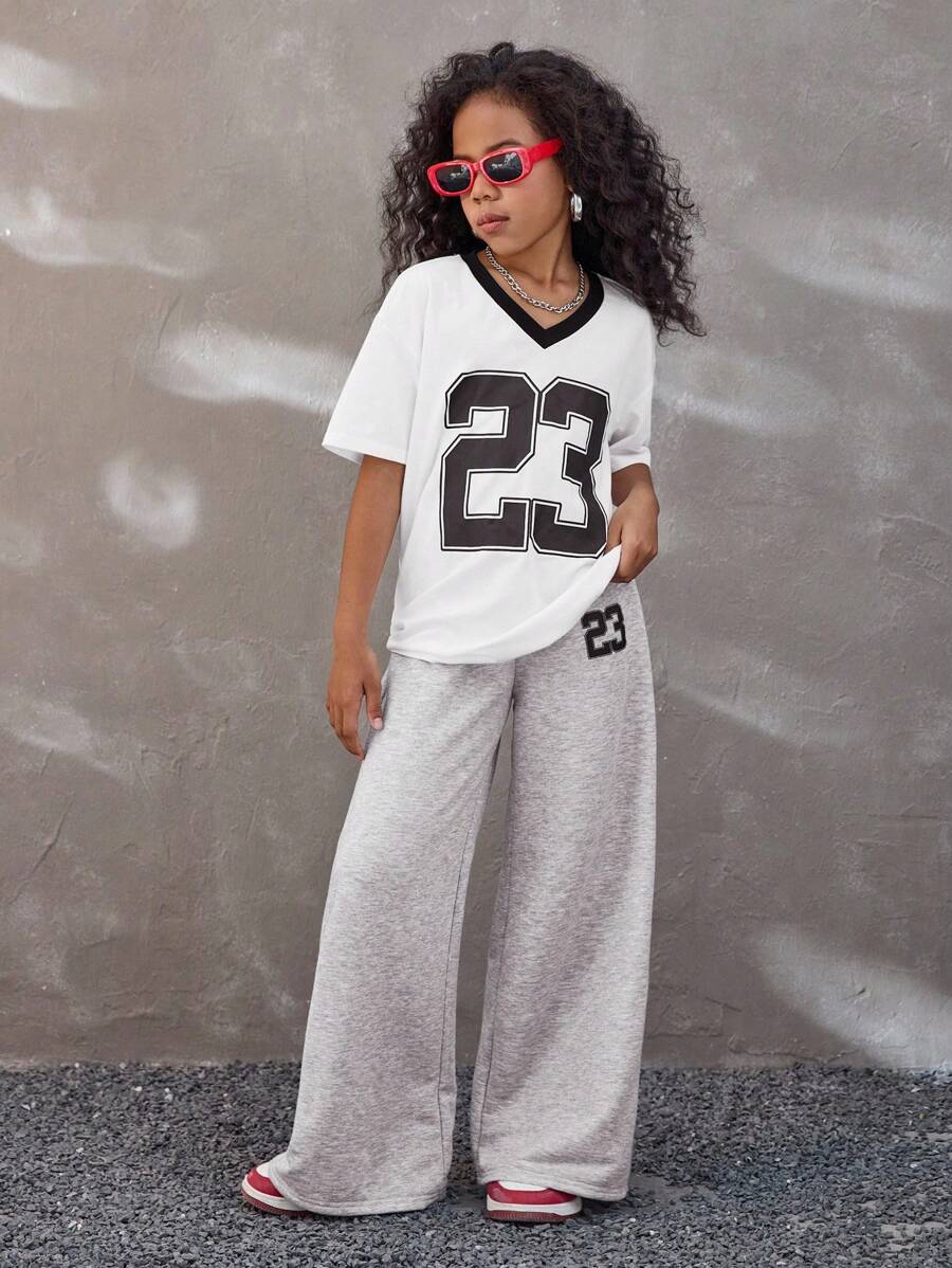 Coolane Kids 青少年女孩 2 件套休闲运动女孩风格数字图案 V 领短袖上衣和阔腿裤套装秋季返校 Y2K 街头服饰垃圾摇滚 - 灰色 - 查看 1