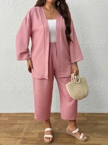 SHEIN Set di due pezzi per donne taglie forti: giacca aperta monocolore e pantaloni casual a gamba ampia