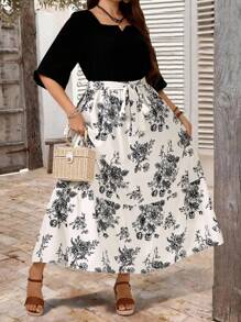 EMERY ROSE Plus Size Women Floral Print A-Line High Waist Tie Sash Ruffle Hem Maxi Skirt, Spring/Summer - White - View 3