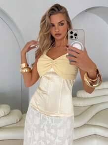 Roylia Women's Elegant Peplum Scoop Neck Sleeveless Camisole Top, Summer - Yellow - View 5