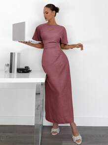 Siren Gaze Summer Women Solid Color Linen Blended Dress Christmas Elegant Evening Dress - Red Violet - View 5