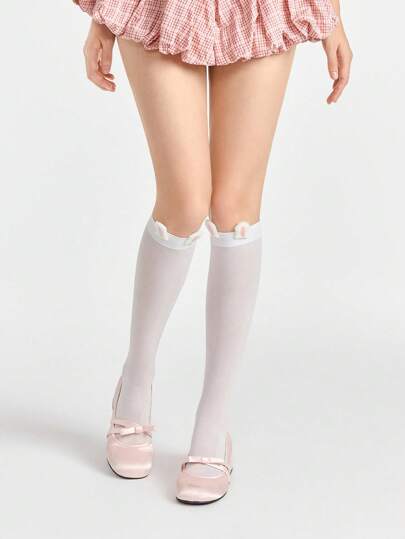 Kawaii 1 par de calcetines de media pantorrilla con oreja de conejo de color rosa falso, calentadores de piernas con estilo minimalista y dulce, calcetines de estilo japonés de colegial versátiles y diarios para mujeres