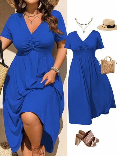 Rometta 优雅休闲 V 领褶饰短袖针织大码连衣裙，新品上市