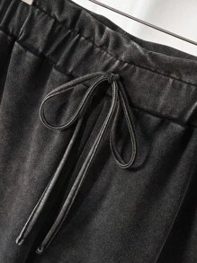 CosyJoli Plus Size Casual Washed Yarn-Dyed Rib Knit Hem Shorts - Black - View 3