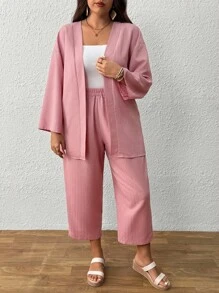 SHEIN Set di due pezzi per donne taglie forti: giacca aperta monocolore e pantaloni casual a gamba ampia
