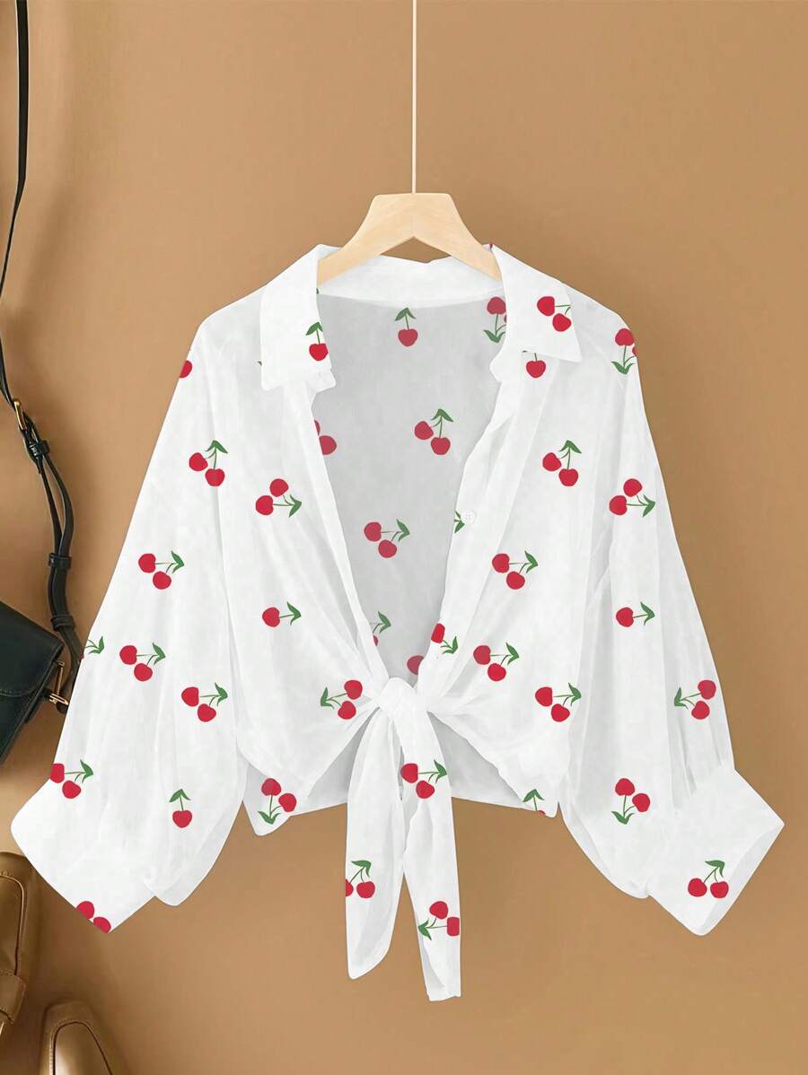Calvaya Plus Size Women's Solid Color Simple Everyday Long Sleeve Shirt, Cherry Print Pattern Shirt, Sun Protection Shirt, Suitable For Summer, Women's Clothing Fall Cloth For Women - White - View 1