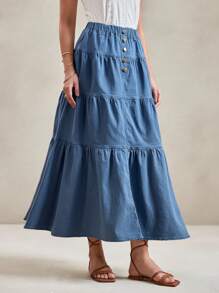 Wildy Cotton Long Denim Skirt Denim Tiered Skirt Women Casual Button Design Ruffle Hem Skirt Boho Skirt Concert Women Boho Women Bohemian For Women Summer Holiday Button Up Skirt