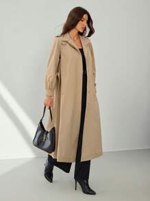 SHEIN Tall 女款休閒純色風衣，春秋款，適合高個女性 - 卡其色 - 查看 1