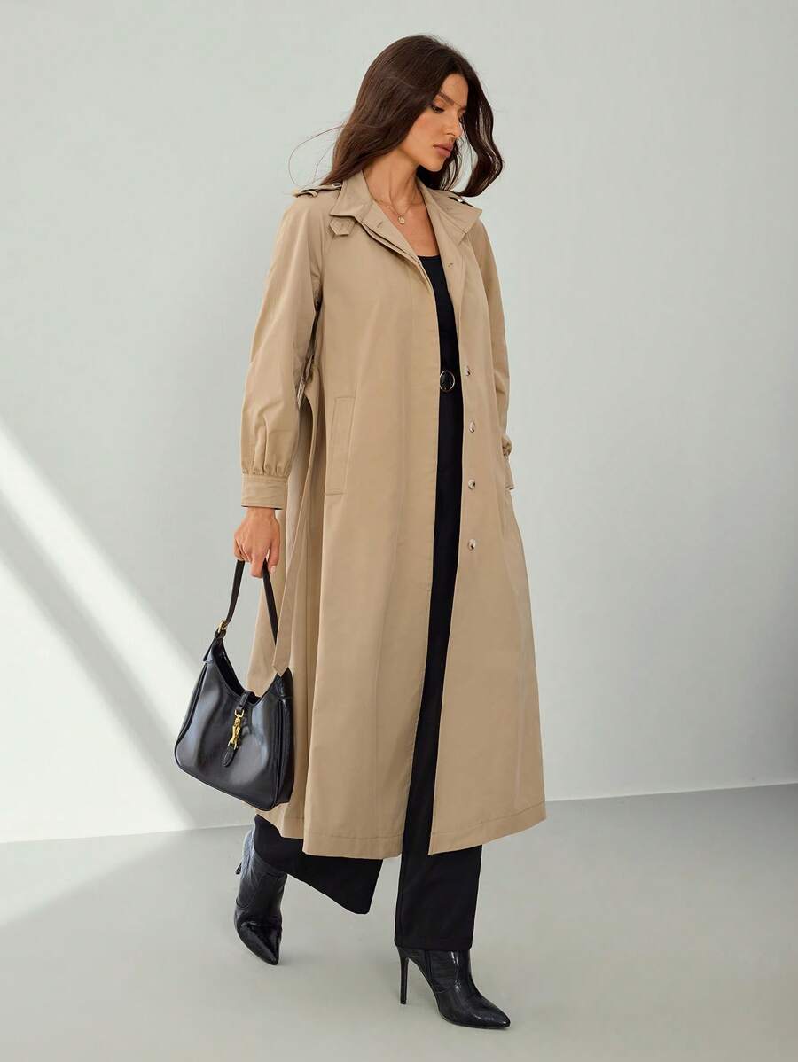 SHEIN Tall 女款休閒純色風衣,春秋款,適合高個女性 - 卡其色 - 查看 1