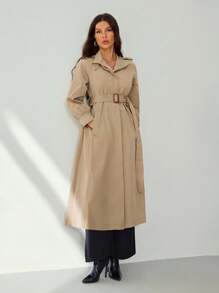 SHEIN Tall 女款休閒純色風衣，春秋款，適合高個女性 - 卡其色 - 查看 4
