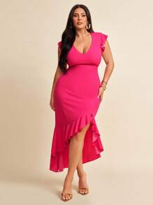 SHEIN BAE Robe moulante d'été à grande taille, col V profond sexy, dos croisé, ourlet asymétrique volupté, rose/rouge rose, tenue pour femmes