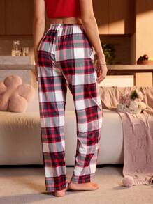 SHEIN Pantalones de pijama rectos con lazo en la cintura y estampado a cuadros para mujer, otoño
