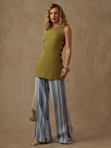 Glamine Women's Round Neck Sleeveless Fitted Waist Long Shirt, Elegant Summer Resort For Women Resort Wear Mediterranean Style - Green - View 1
