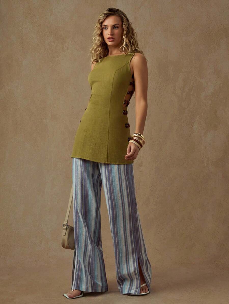 Glamine Women's Round Neck Sleeveless Fitted Waist Long Shirt, Elegant Summer Resort For Women Resort Wear Mediterranean Style - Green - View 1