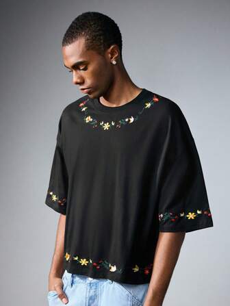 Street Life T-shirt casual d'été à col rond à manches courtes avec broderie florale pour hommes