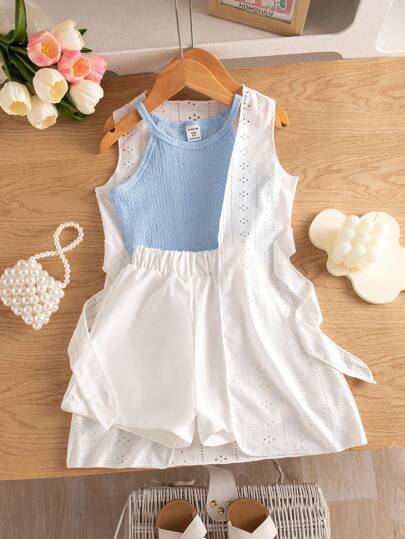 SHEIN Elladie kids Set de 3 piezas para niña: Top corto sin mangas de verano, shorts rectos blancos, cárdigan fino de jacquard de punto con cinturón, conjunto informal y cómodo sencillo