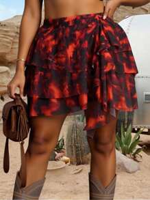 INAWLY Damen Große Größen Batik-Muster asymmetrischer Rüschen-Saum Rock