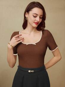 Vintamour Camiseta de mujer vintage, clásica y elegante, con detalles de lazo, de manga corta, de corte ajustado y con ribetes de contraste, para primavera/verano, color albaricoque
