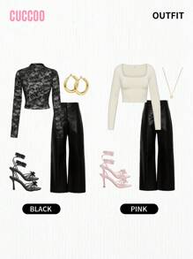 CUCCOO SZL Women's Pink PU Flower Embellished Round Toe High Heel Lace-Up Sandals Spring Shoes Spring Break Easter Prom Heels For Christmas - Black - View 5