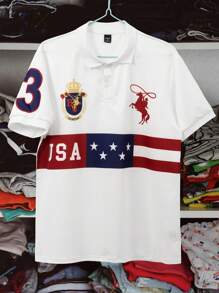 Aesthetic Post--Men's Stripe & Letter Print Short Sleeve Polo Shirt, Summer Men Usa Shirts Men Patriotic Shirts Flag Shirt Men July 4th Shirt Boston Polo Shirt - Multicolor - View 3